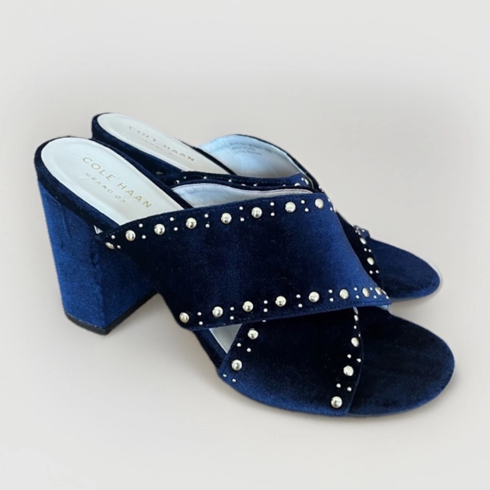 Cole Haan Gabby Navy Velvet Studded block heel sandal size 5.5